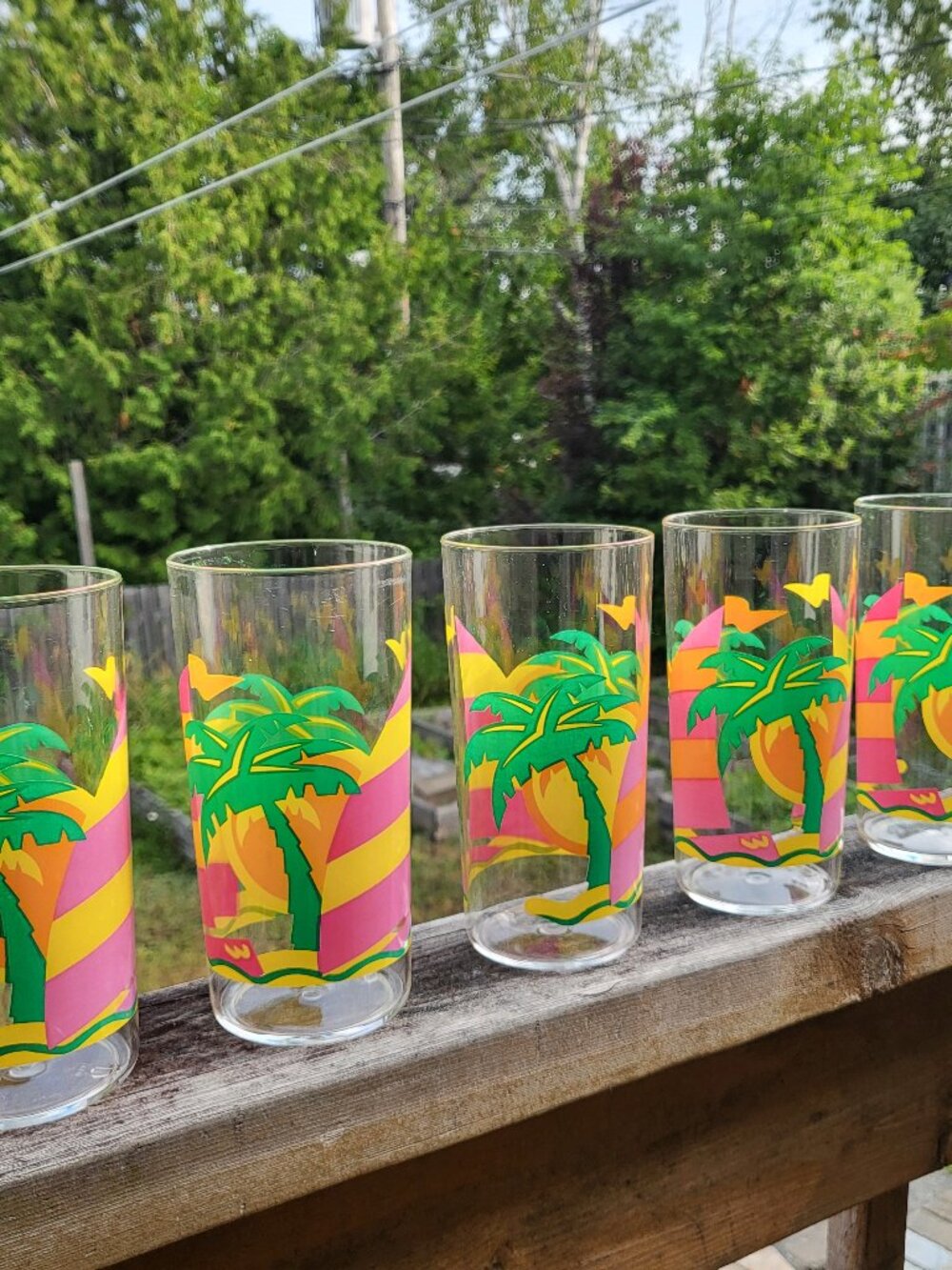 Vintage 90s Esso Promo Neon Tropical Palm Tree Plastic Tumblers - Set of 5